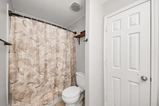 a white toilet sitting next to a shower curtain