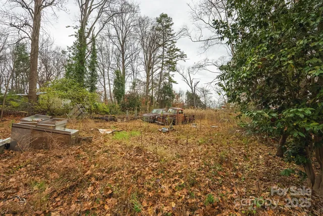 a backyard of a house with large trees