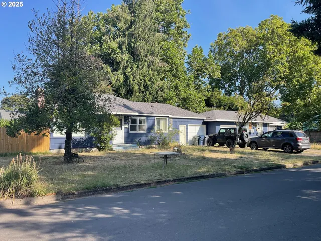 a view of a house with a yard and large tree