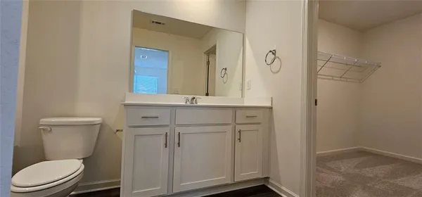 a bathroom with a toilet a sink a vanity and mirror