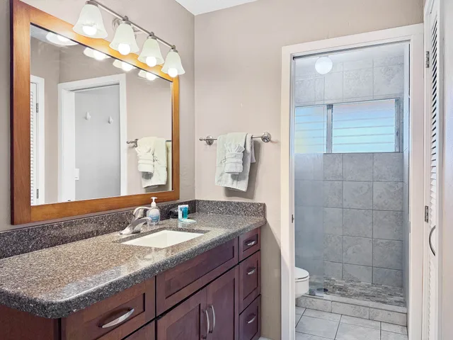 a bathroom with a granite countertop sink and a mirror