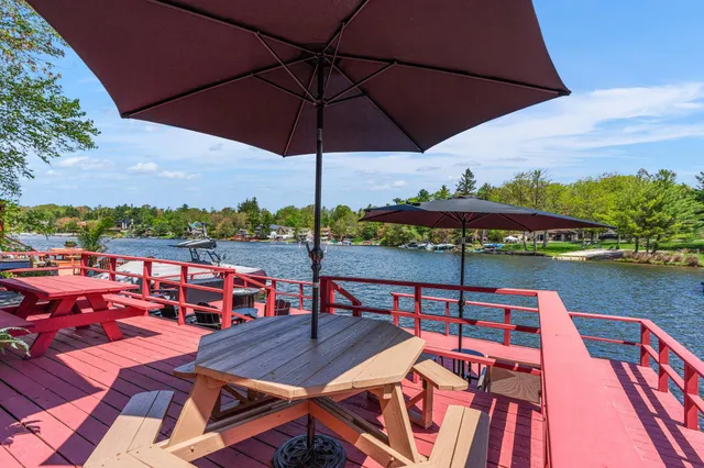 an outdoor space with furniture