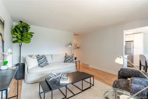 a living room with furniture and a potted plant