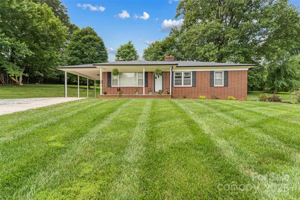 a view of a yard with a house and a large tree