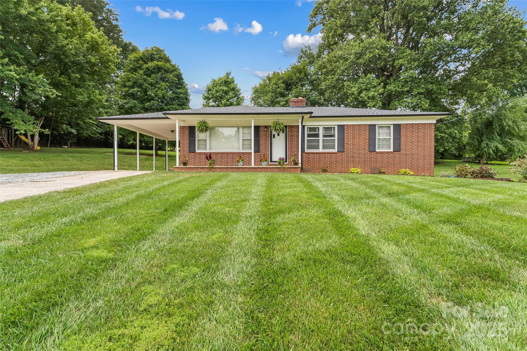 a view of a yard with a house and a large tree
