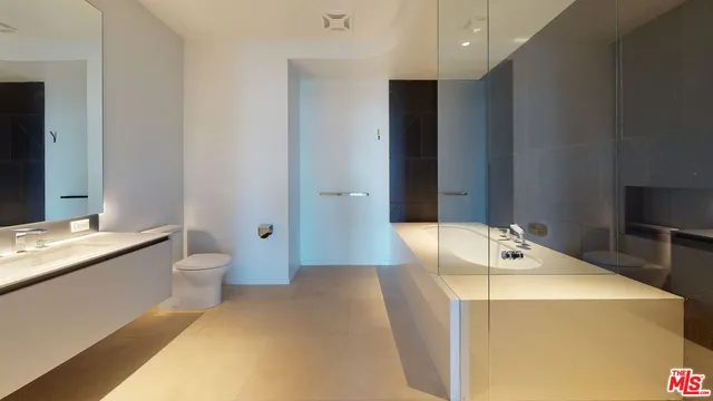 a bathroom with a toilet a sink and a large mirror