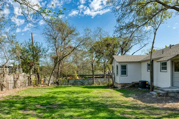 a view of a backyard with plants and large tree
