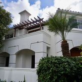 a view of a house with a potted plant and a large tree in the background