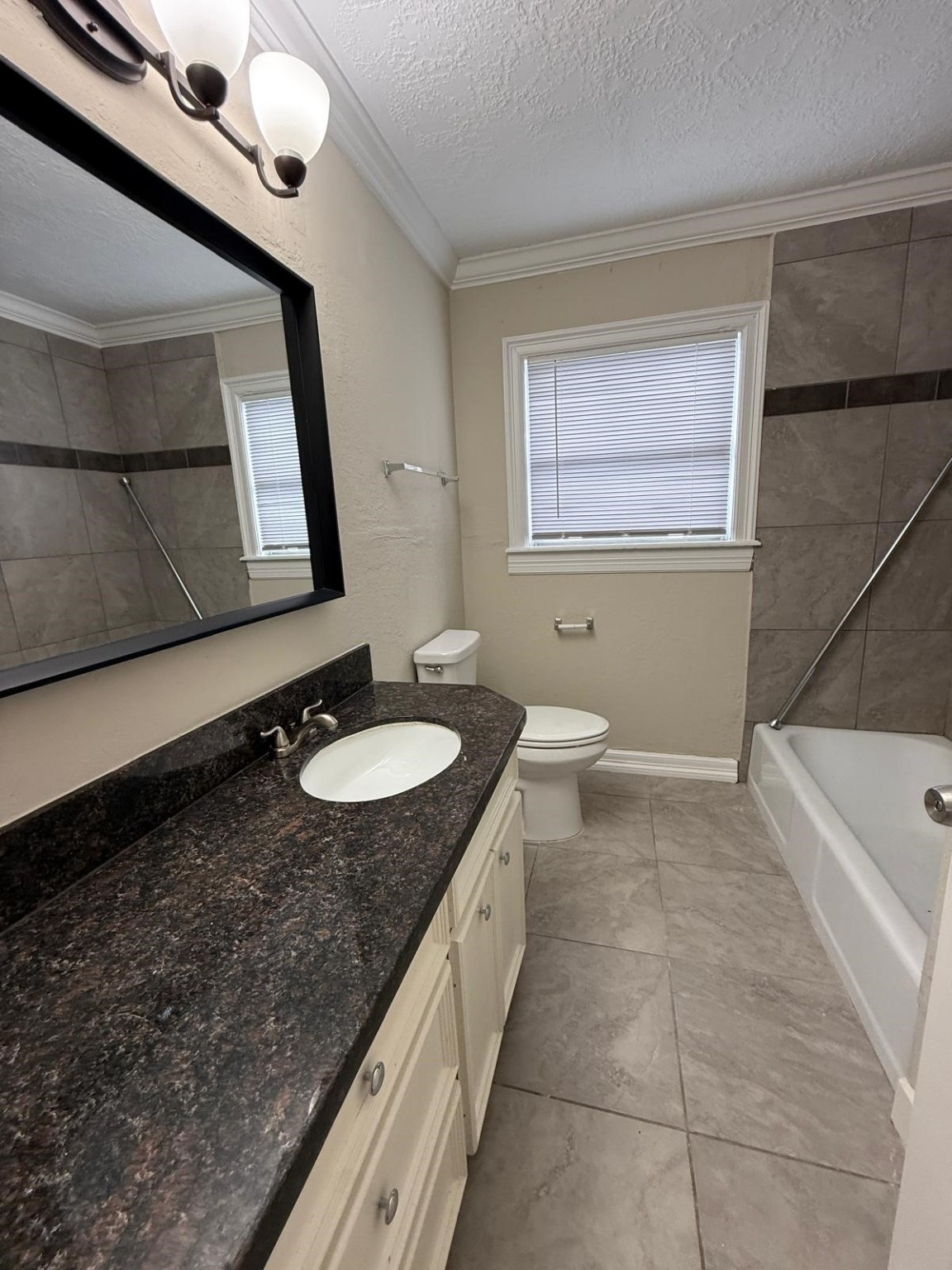 731 Columbia Street, Unit 1 Houston, TX 77007 - Photo 8 of 8 a bathroom with a granite countertop sink a mirror and a bathtub