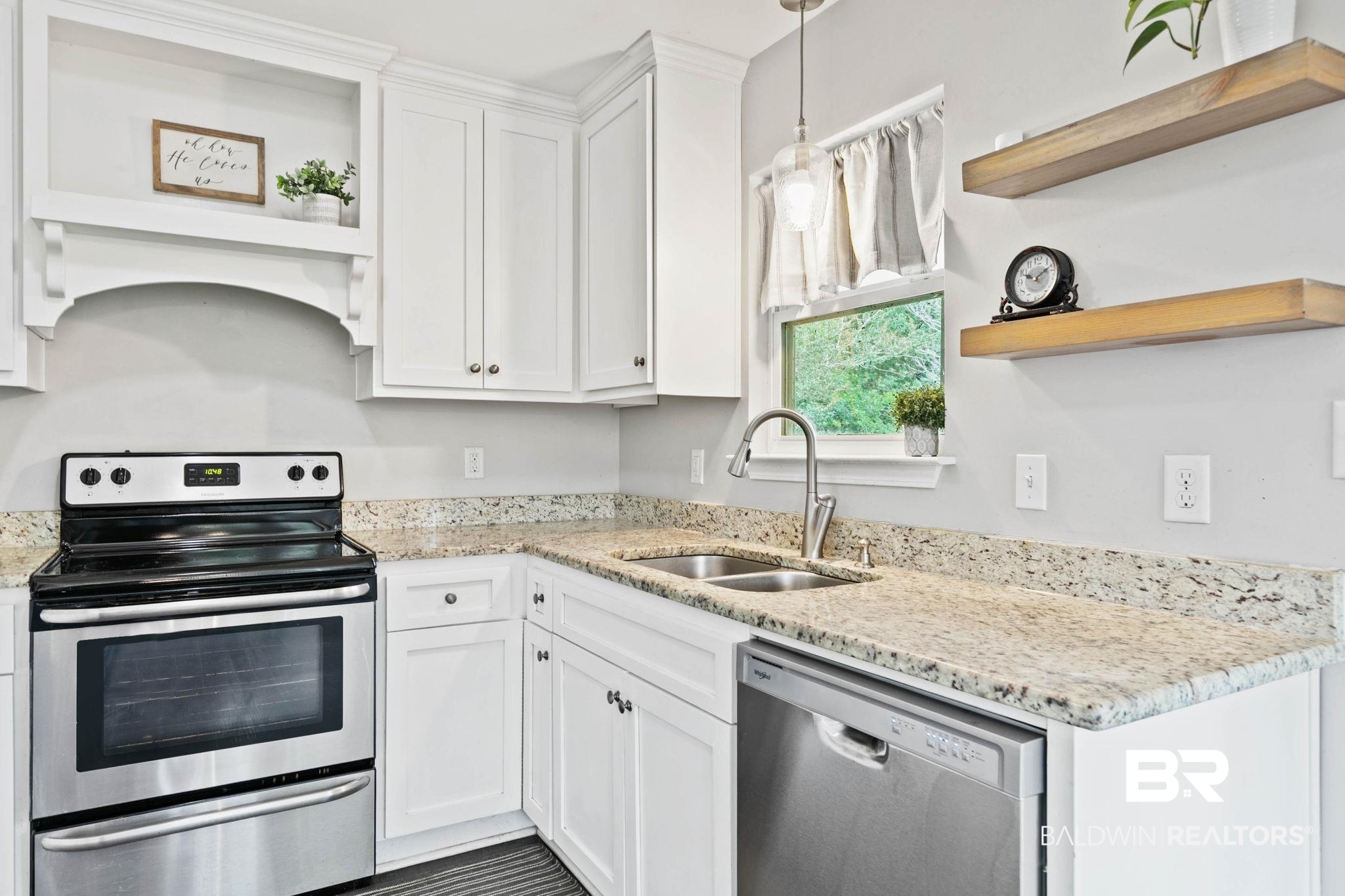 22810 High Ridge Road Fairhope, AL 36532 - Photo 28 of 78 Kitchen featuring white cabinetry, light-toned countertops, a stainless steel range, a stainless steel double basin sink with a pull-down faucet, and a stainless steel dishwasher