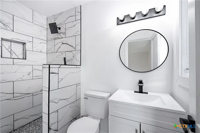 a bathroom with a sink a toilet and a mirror