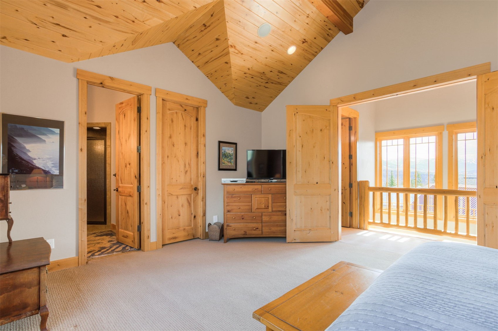 727 Willowbrook Road Silverthorne, CO 80498 - Photo 36 of 47 Bedroom with carpet floors, a high wooden ceiling, and recessed lighting