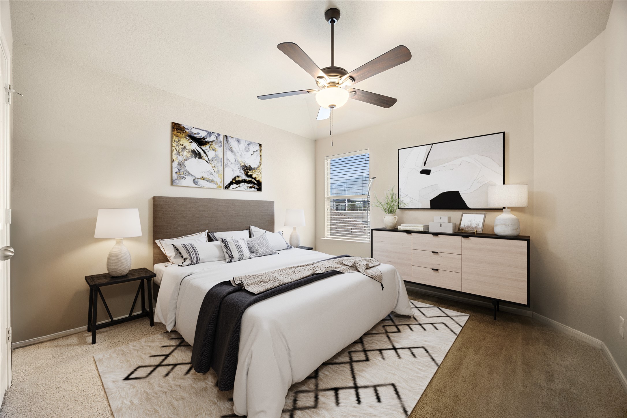 3526 Canvasback Lane Houston, TX 77047 - Photo 18 of 22 Another well-sized secondary bedroom provides a bright and inviting retreat, complete with soft carpeting, neutral finishes, and a ceiling fan perfect for guests, children, or additional workspace needs. *Virtually Staged