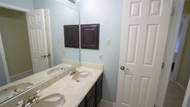 a bathroom with a sink and a mirror
