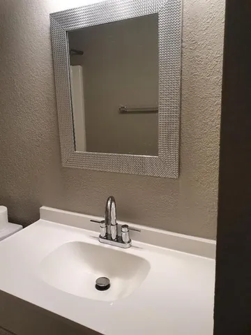 a bathroom with a sink and mirror