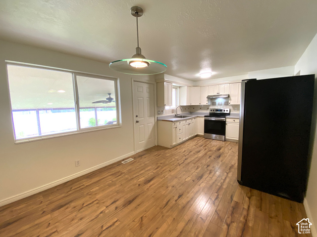 2989 Rae Street West Valley City, UT 84120 - Photo 7 of 25 Wood-finish flooring, white cabinetry, stainless steel appliances, and a modern ceiling light fixture