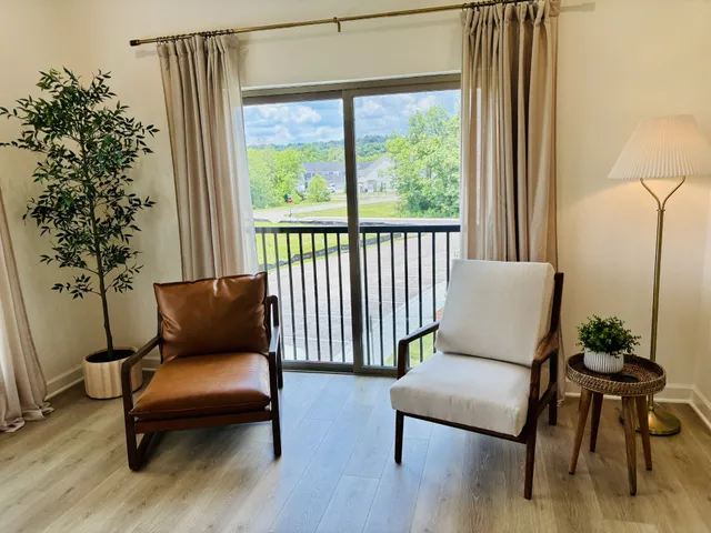 a living room with furniture and a potted plant