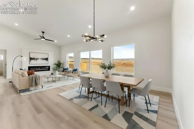 a view of a dining room with furniture