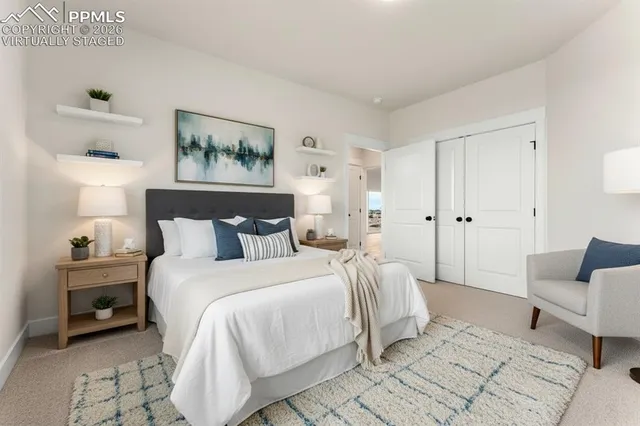 a bedroom with a bed and a couch