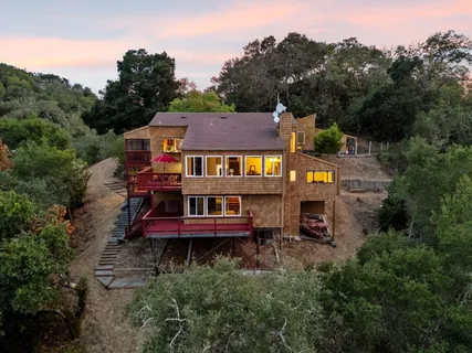 an aerial view of a house with a garden and trees