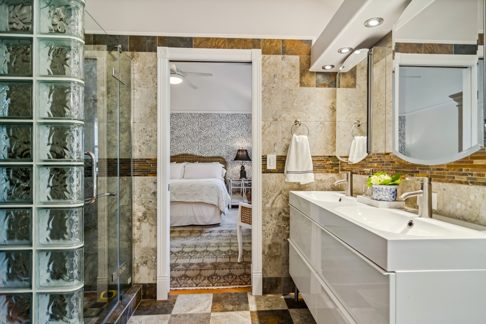 8713 Gardner Road Fox River Grove, IL 60021 - Photo 14 of 25 a bathroom with a double vanity sink a mirror and shower