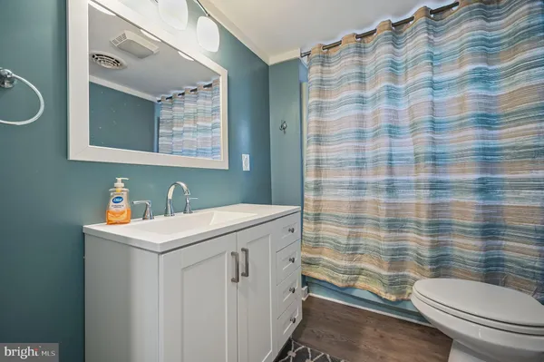 a bathroom with a sink a toilet a mirror and shower curtain