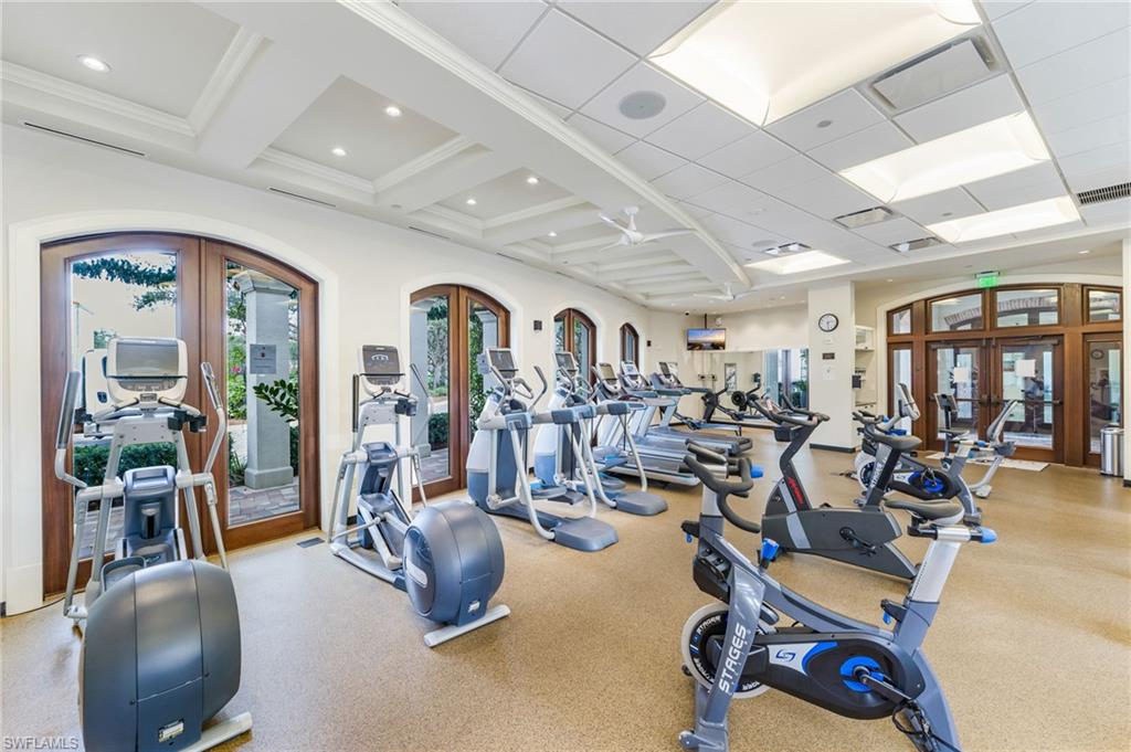 16351 Viansa Way, Unit 202 Naples, FL 34110 - Photo 33 of 35 Workout area featuring french doors, coffered ceiling, and recessed lighting