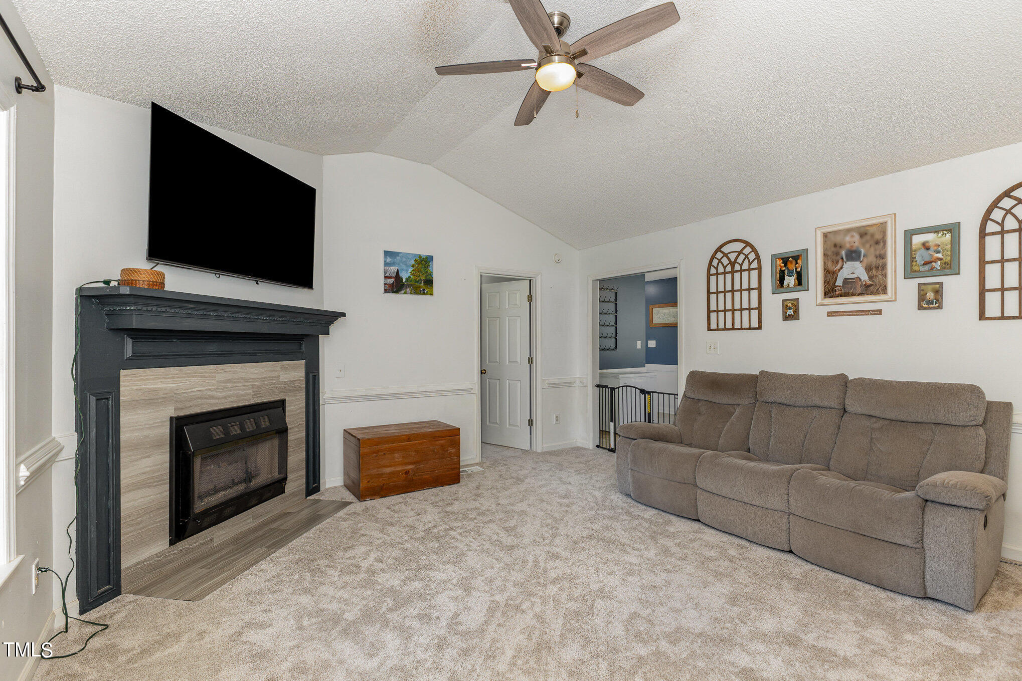 112 Forest Ridge Drive Willow Spring, NC 27592 - Photo 5 of 21 a living room with furniture a flat screen tv and a fireplace