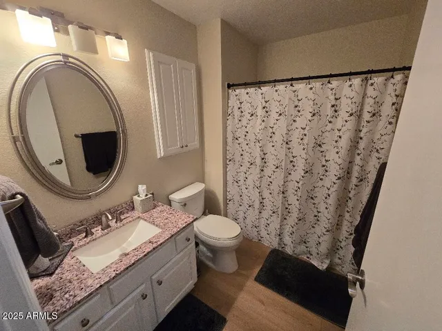 a bathroom with a granite countertop toilet sink and mirror