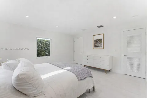 a bedroom with a bed and a painting