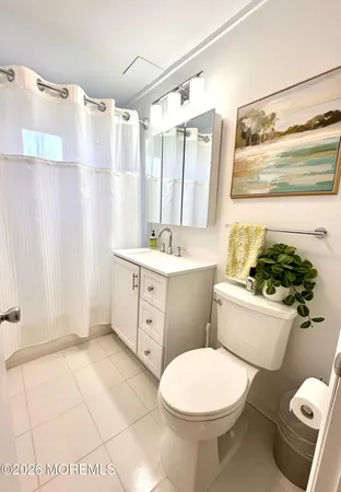 a bathroom with a sink a toilet a mirror a vanity and shower