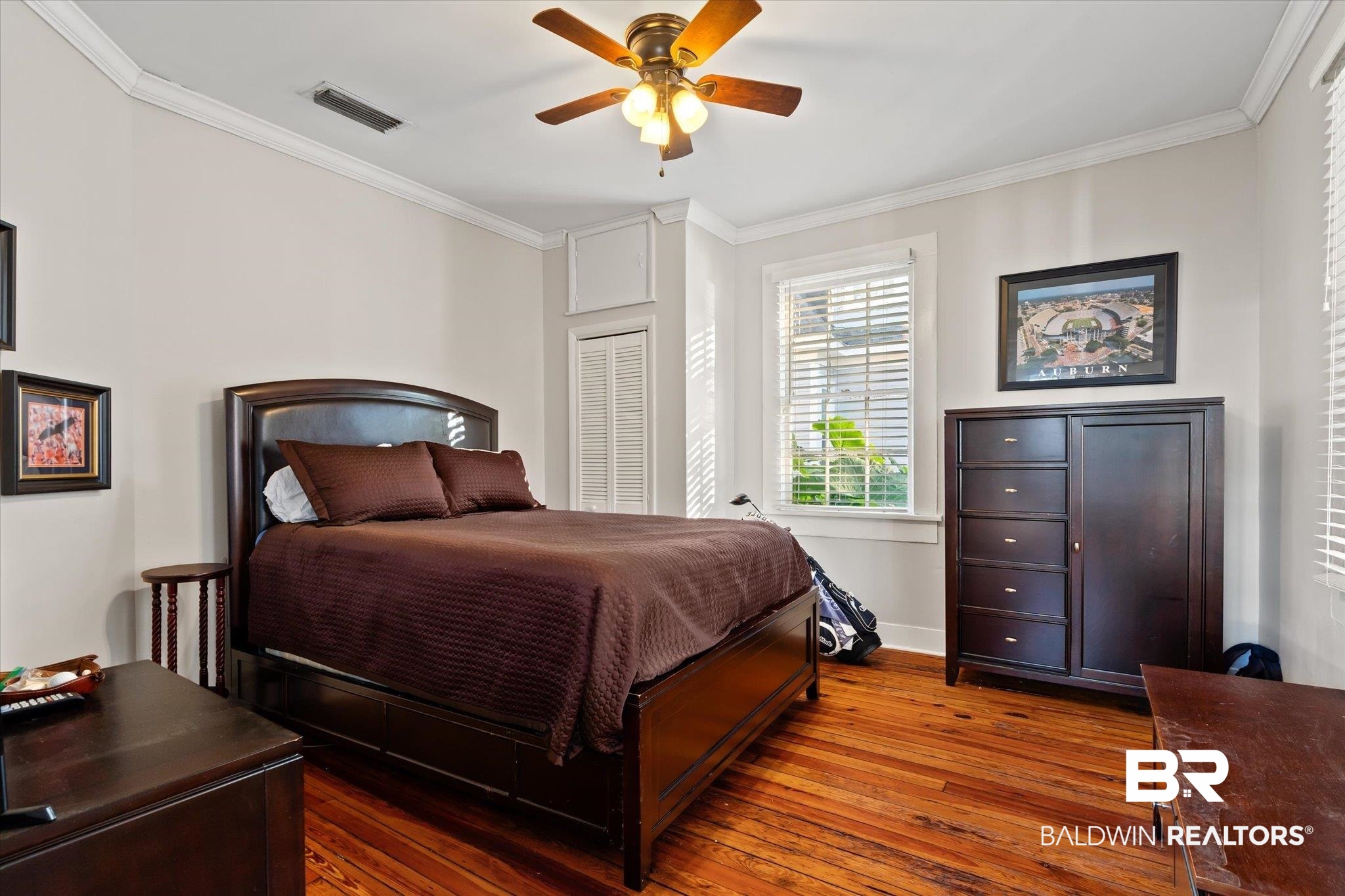 7 Rickarby Place Mobile, AL 36606 - Photo 14 of 20 Bedroom featuring ceiling fan, crown molding, and dark wood-type flooring