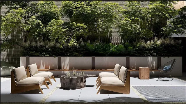 a view of a patio with couches and a table and chairs with wooden fence