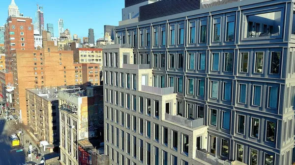 a city view with tall buildings