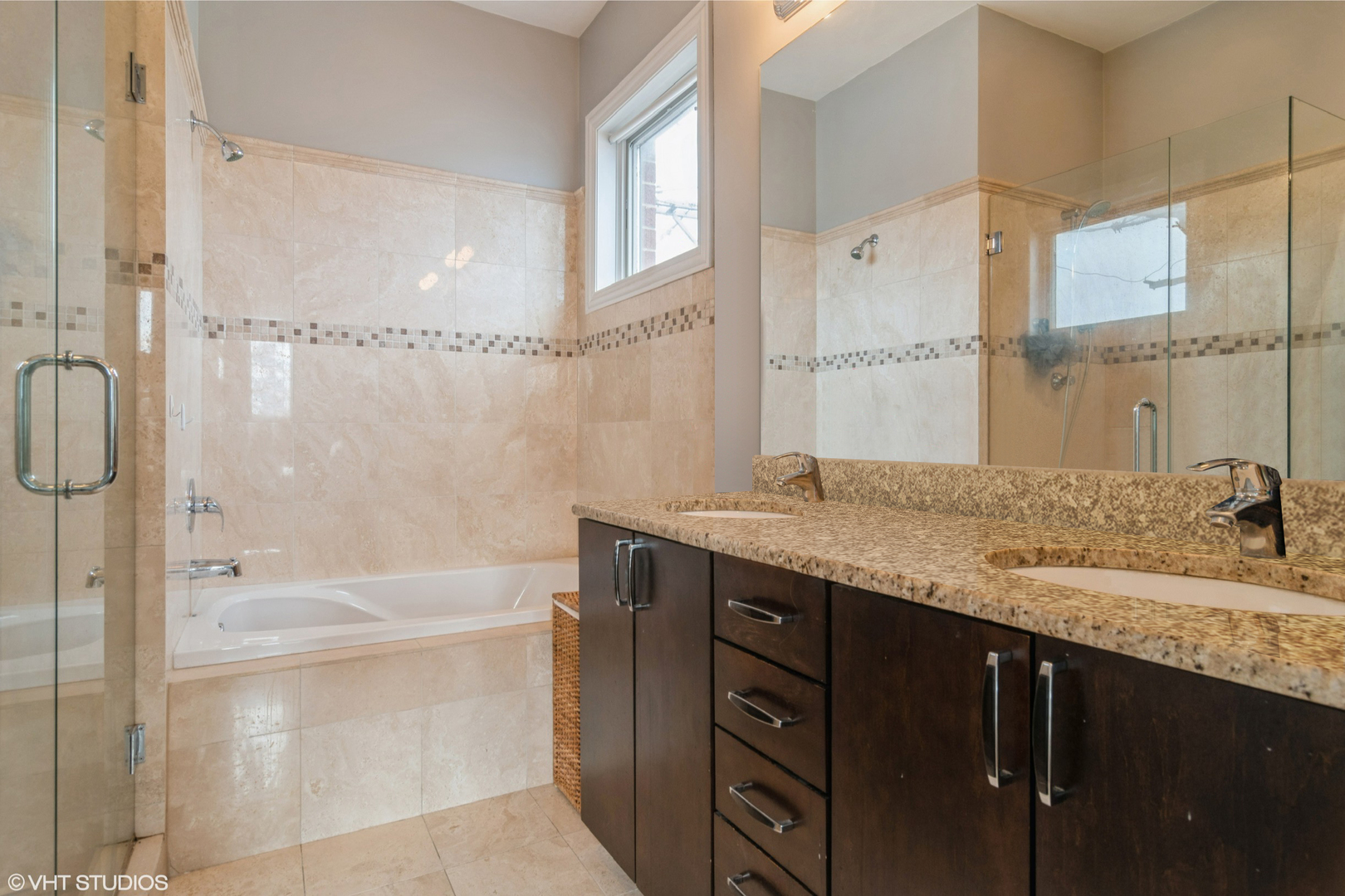 2013 West Rice Street, Unit 3 Chicago, IL 60622 - Photo 7 of 13 a bathroom with a granite countertop sink mirror and a bathtub