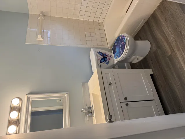 a bathroom with a sink a toilet and shower