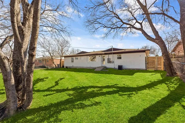 a view of a park with large trees