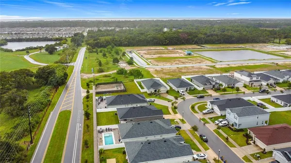 an aerial view of residential houses with outdoor space