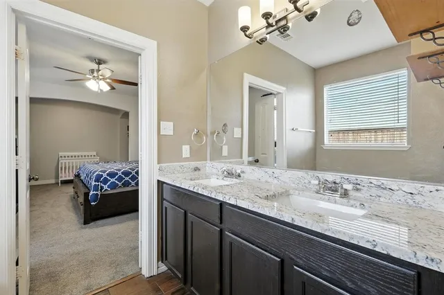 a en suite bathroom with a granite countertop sink a large mirror and a potted plant