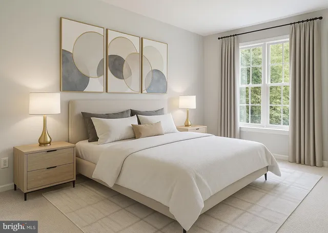 a bedroom with a bed a mirror and a window