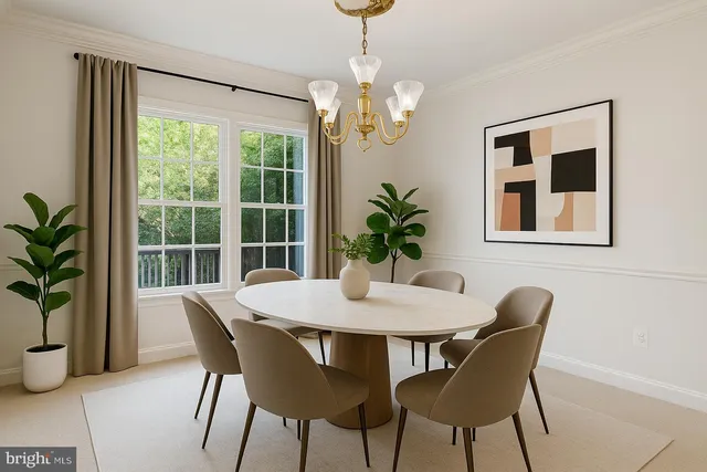 a dining room with furniture potted plants and wooden floor