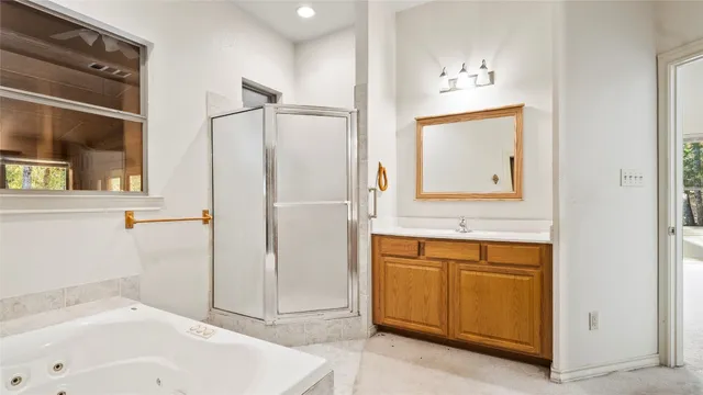 a bathroom with a sink a mirror and a shower