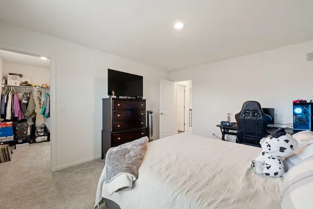 a bedroom with a bed and a tv