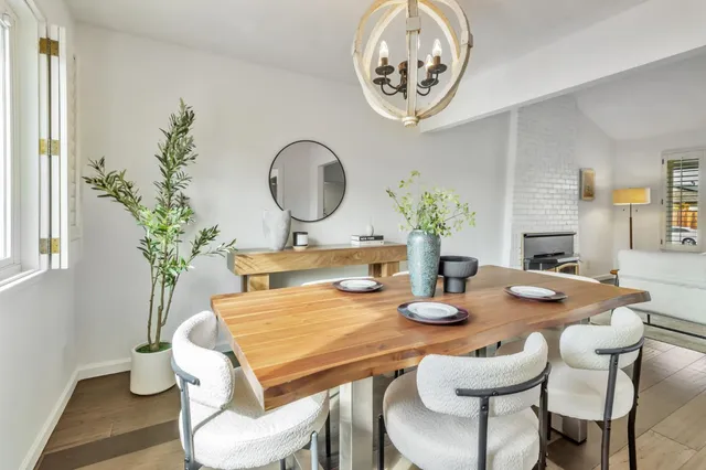 a view of a dining room with furniture