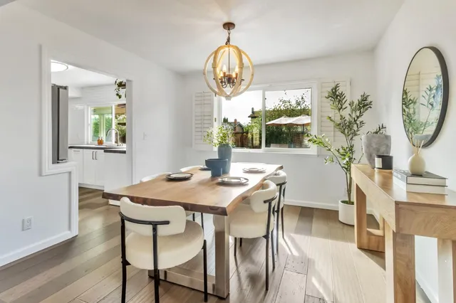 a view of a dining room with furniture window and wooden floor