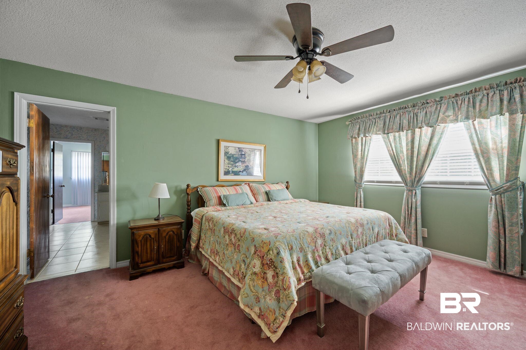 950 Walter Smith Road Mobile, AL 36695 - Photo 19 of 51 Bedroom with carpet flooring, a textured ceiling, baseboards, and a ceiling fan