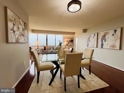 a view of a dining room with furniture a rug and wooden floor