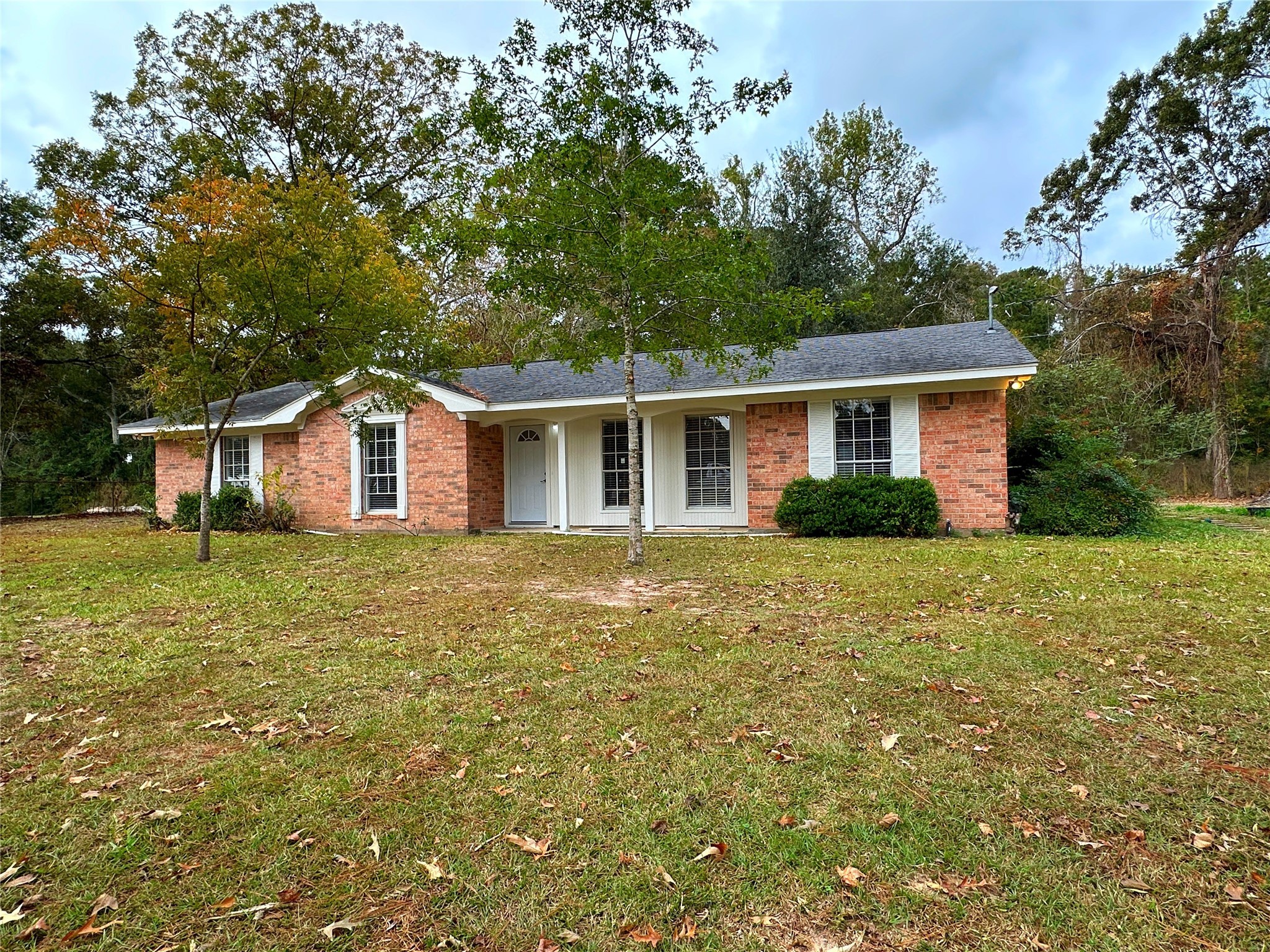 a front view of house with yard and green space