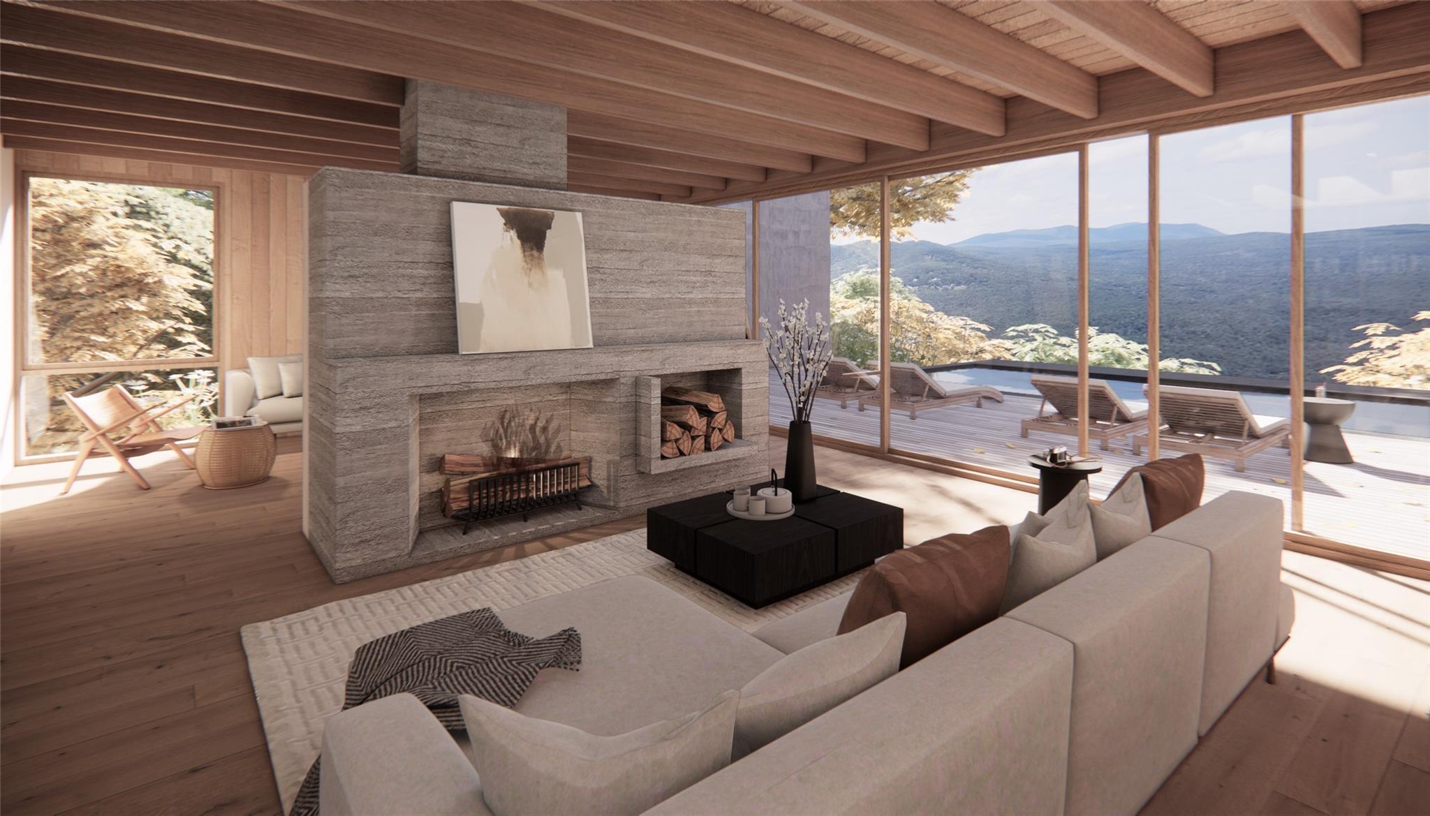 1 Red Rock Road Wawarsing, NY 12489 - Photo 4 of 20 a living room with furniture a fireplace and a floor to ceiling window