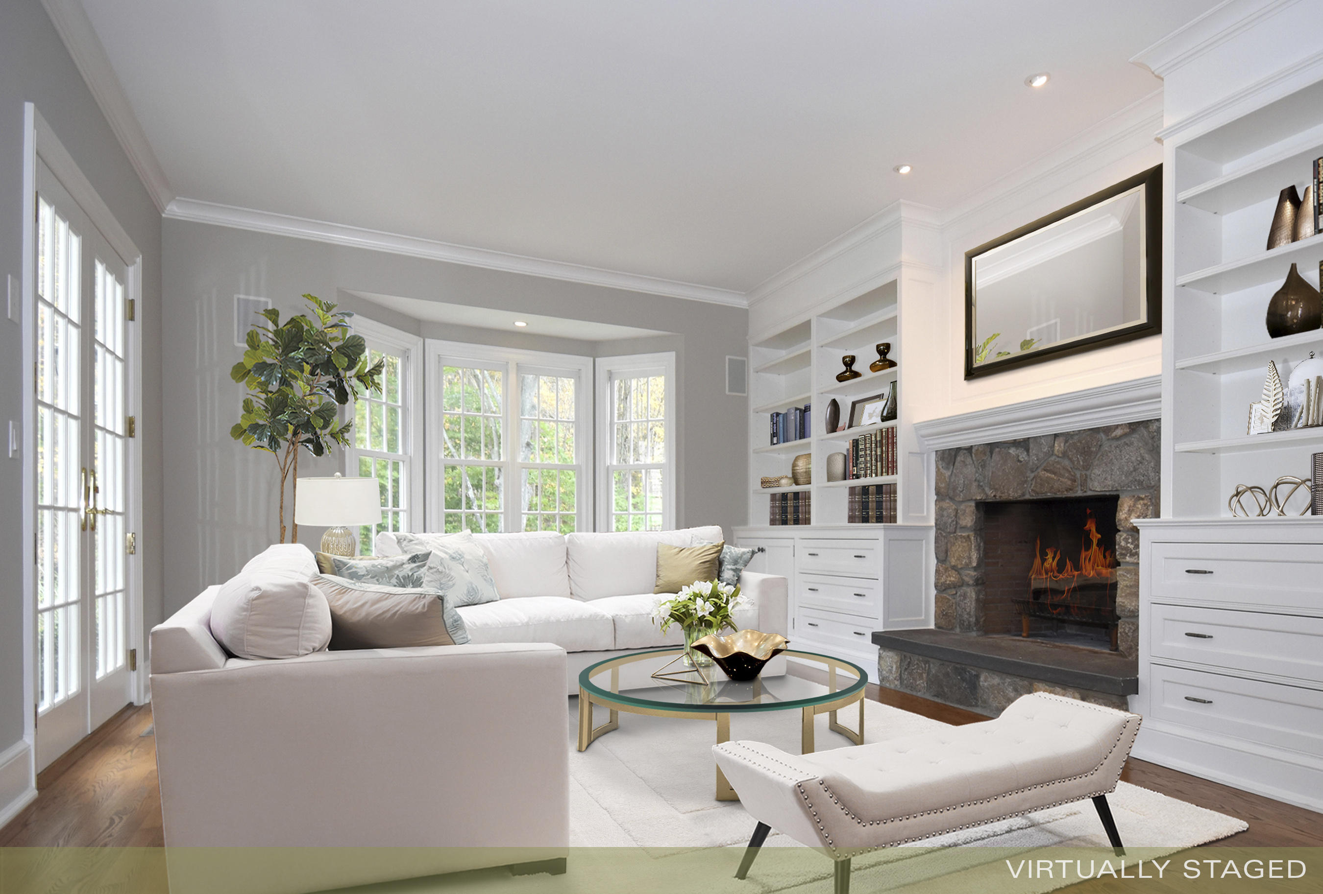 879 Valley Road New Canaan, CT 06840 - Photo 10 of 26 a living room with furniture a large window and a fireplace